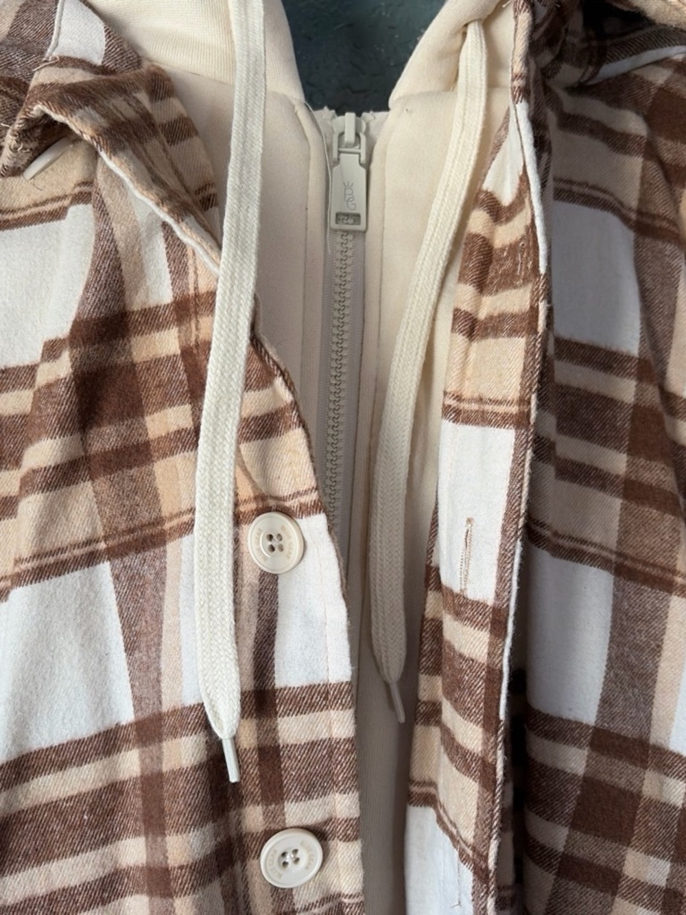 Plaid Hooded Utility Shacket Jacket - Brown & Cream